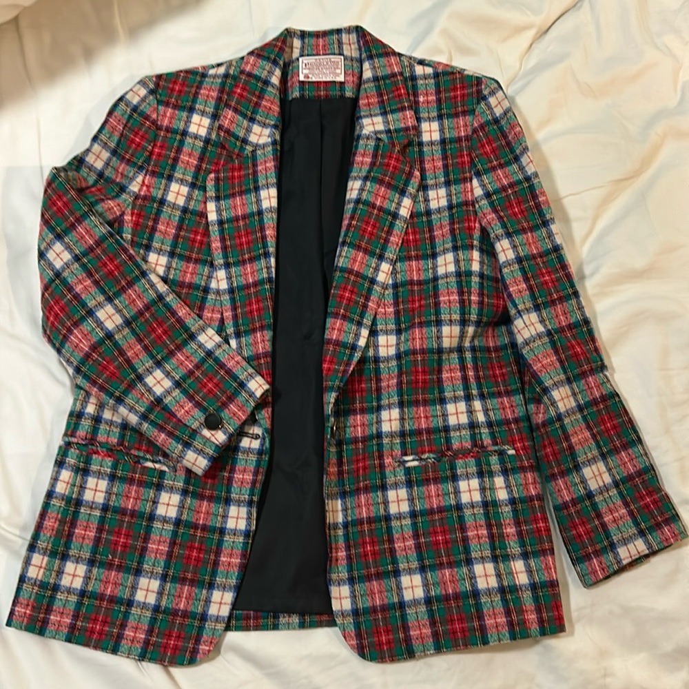 Pendleton Vintage Women's Petite holiday Plaid Single Breasted Wool Blazer 10